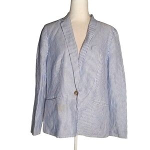 Talbots Blue White Breton Stripe Linen Cotton Blend Single Button Blazer Size 12